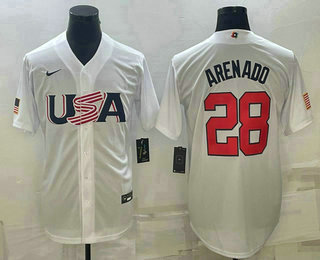 Men%27s USA Baseball #28 Nolan Arenado 2023 White World Baseball Classic Replica Stitched Jersey